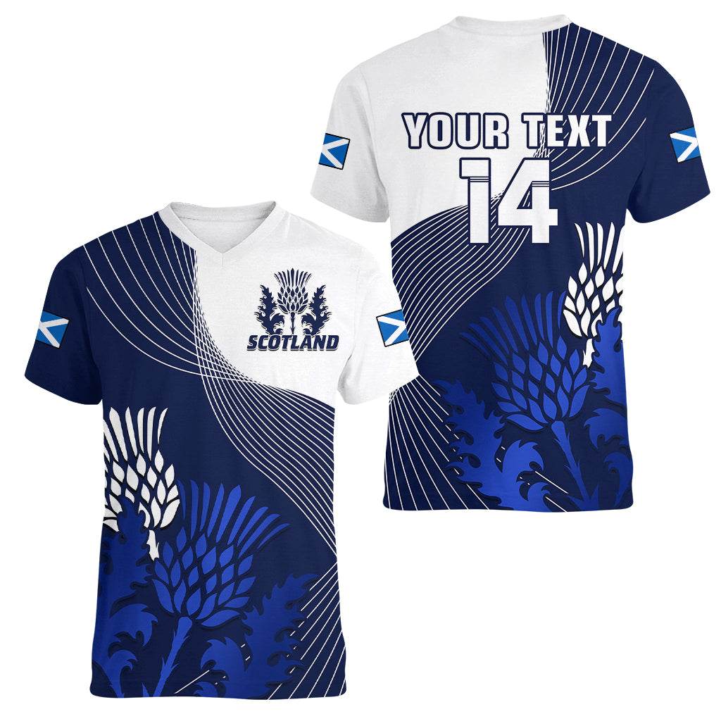 custom-text-and-number-scotland-rugby-women-v-neck-t-shirt-thistle-unique-go-scottish-blue-version