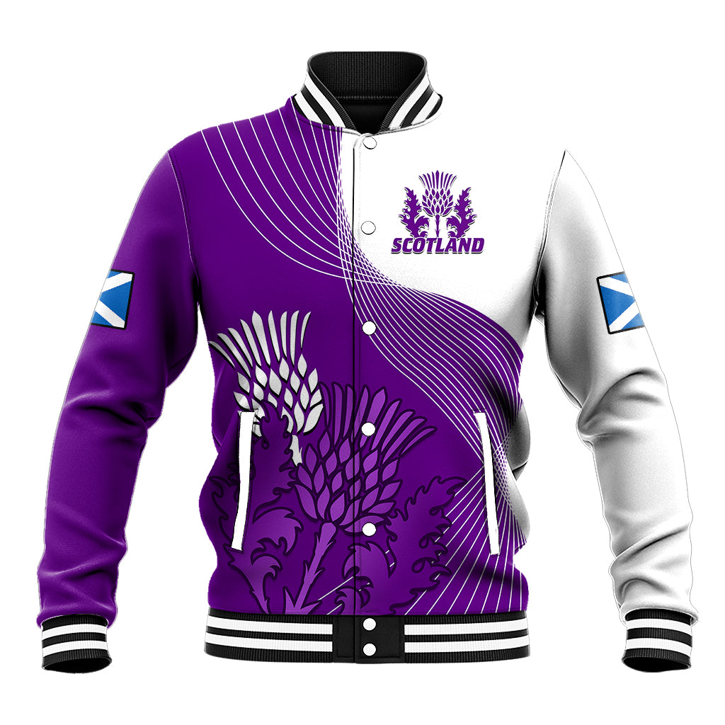 Purple rugby baseball jacket with Scotland thistle crest and striped ribbed collar, cuffs
