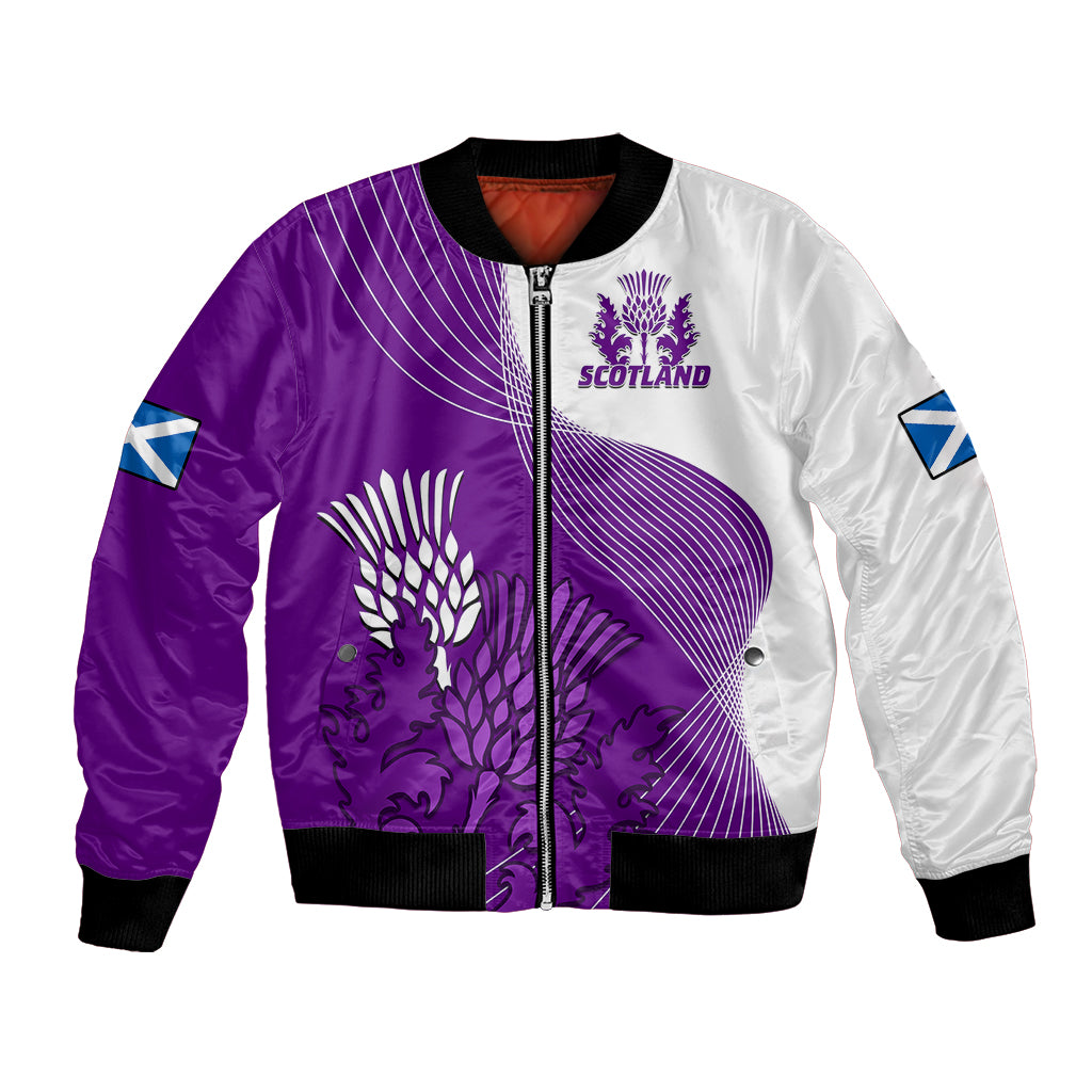 Purple and white bomber jacket with black ribbed cuffs, full zip, thistle graphic
