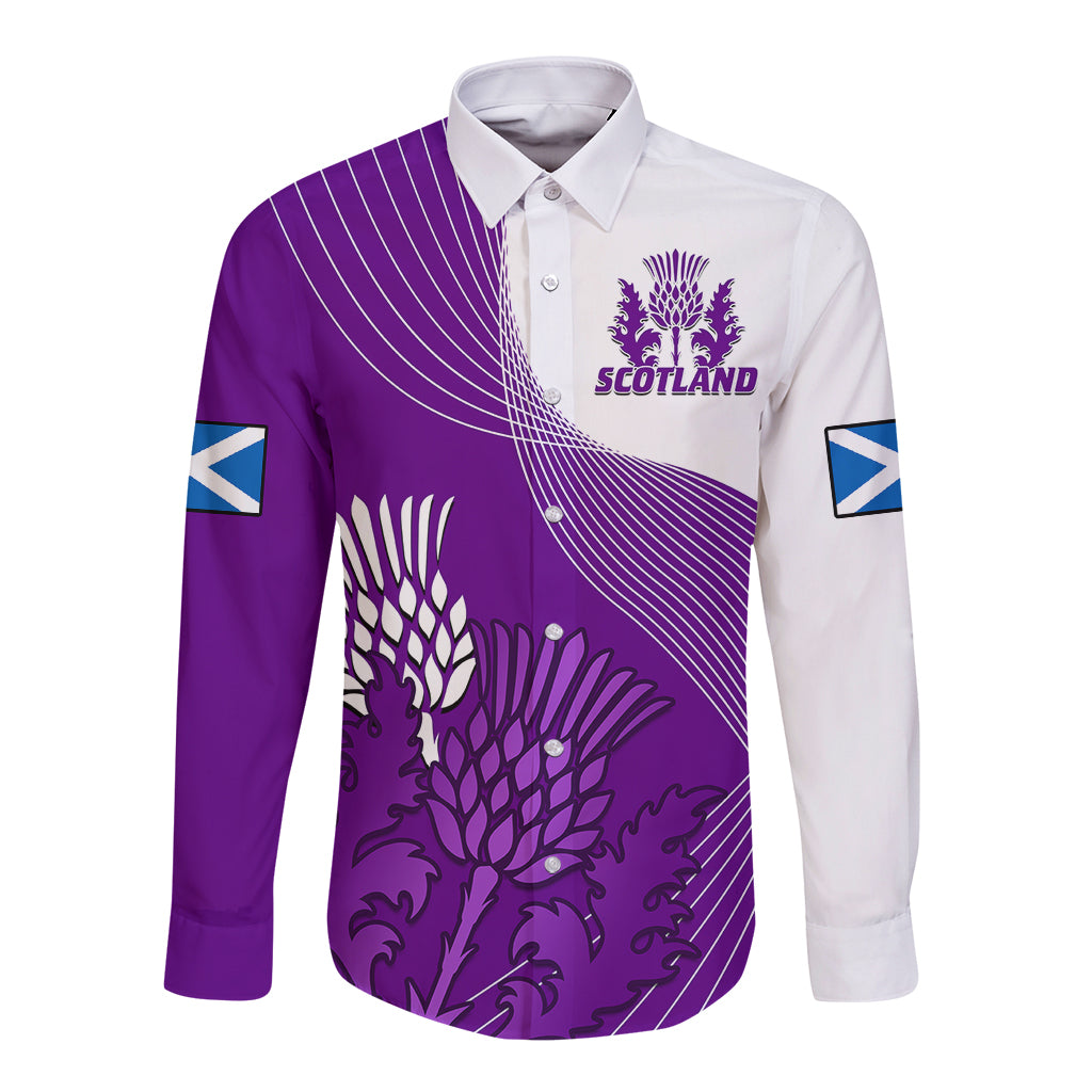 Purple and white long-sleeve rugby button shirt with Scotland crest and thistle print