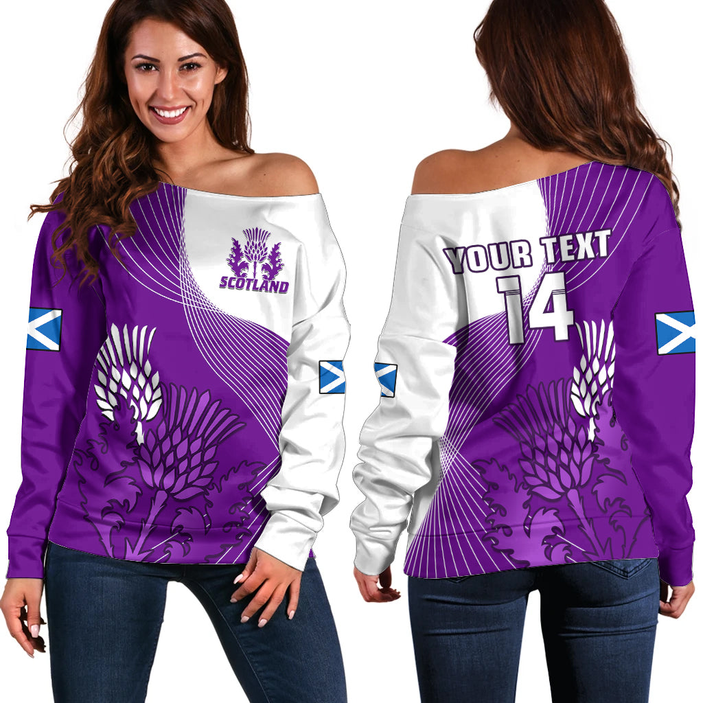 (Custom Text And Number) Scotland Rugby Off Shoulder Sweater Thistle Unique Go Scottish Purple Version - Wonder Print Shop