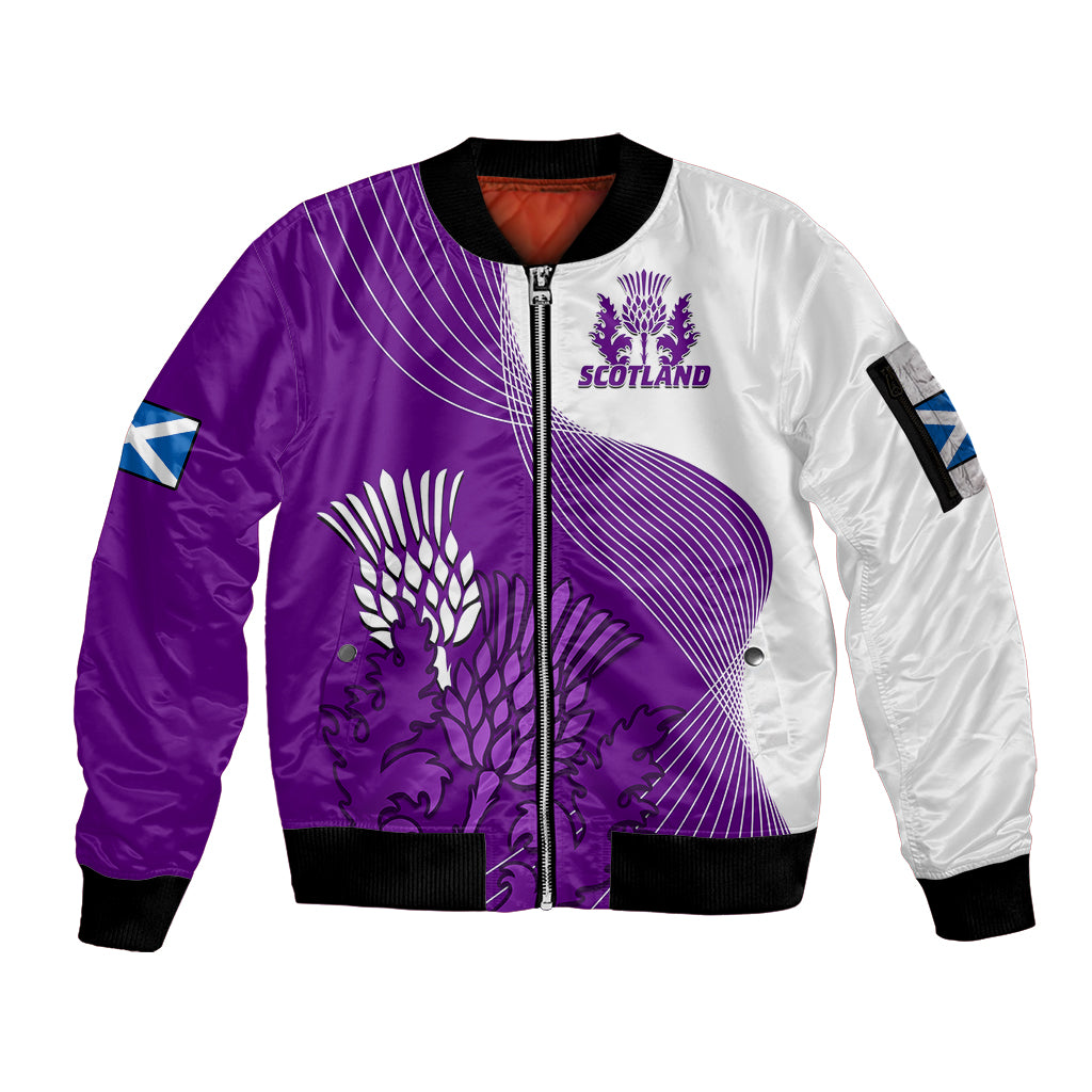 custom-text-and-number-scotland-rugby-sleeve-zip-bomber-jacket-thistle-unique-go-scottish-purple-version