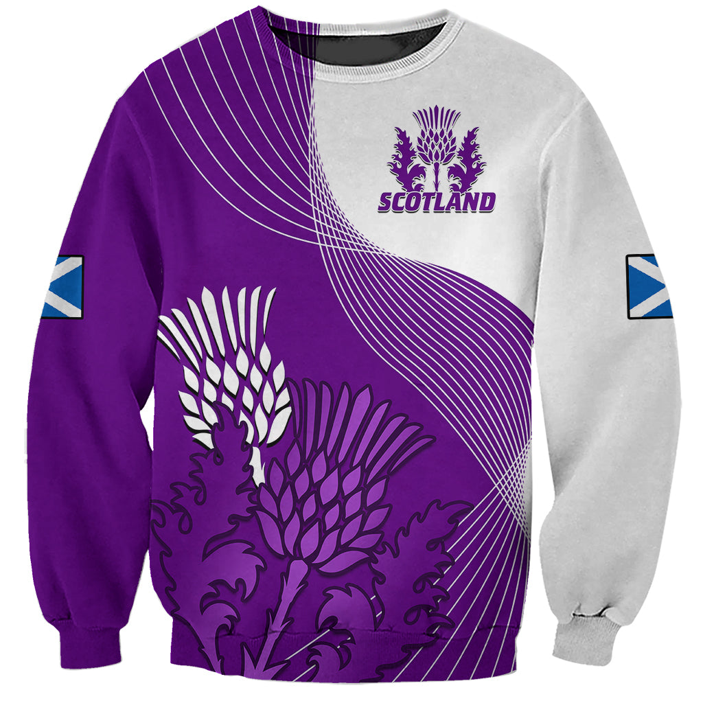 Rugby sweatshirt with Scotland thistle crest and purple/gray diagonal graphic