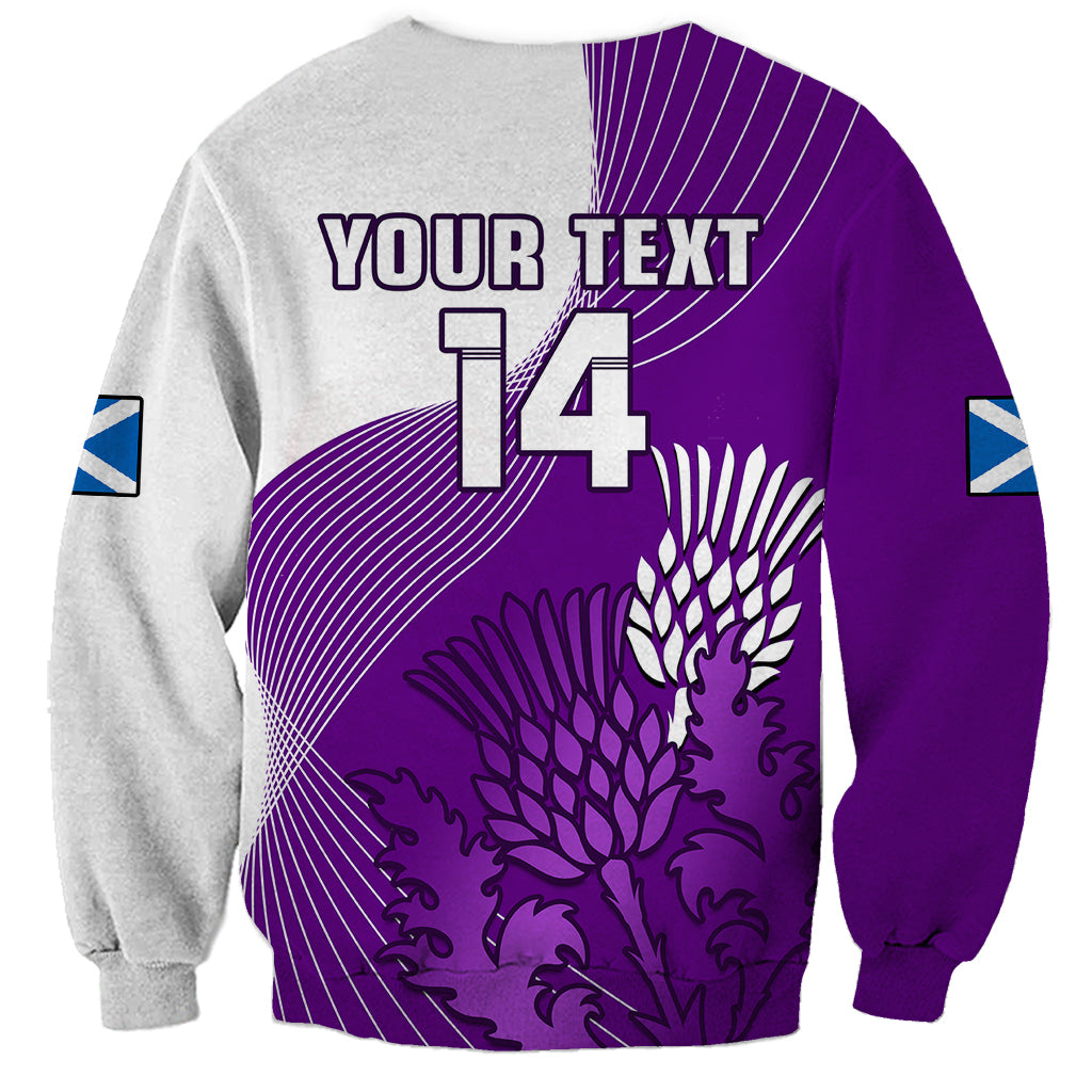 Rugby sweatshirt back with YOUR TEXT, number 14, and purple/gray thistle graphic