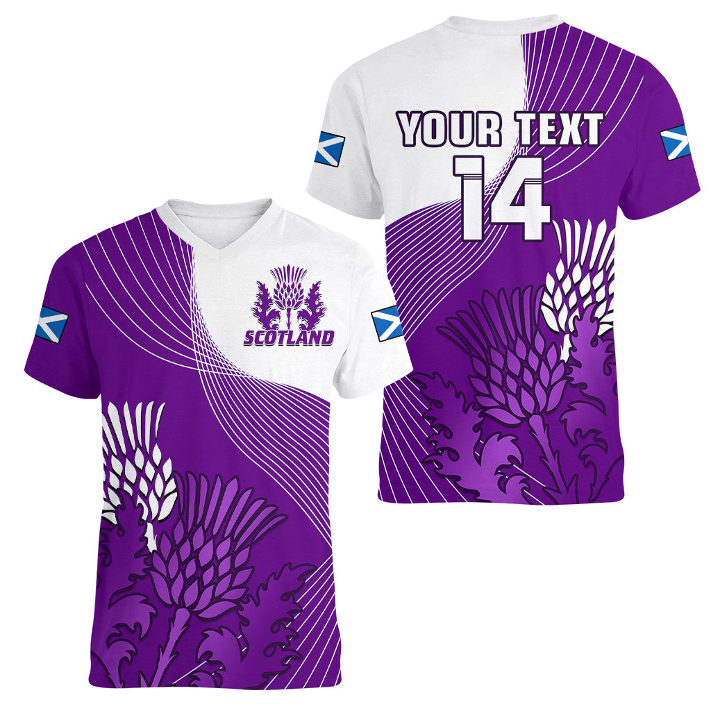 custom-text-and-number-scotland-rugby-women-v-neck-t-shirt-thistle-unique-go-scottish-purple-version