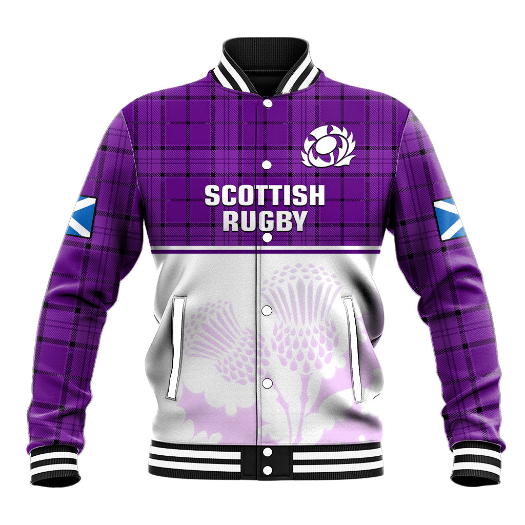 Purple plaid baseball jacket with black collar, striped cuffs, and front zip; Scottish Rugby print