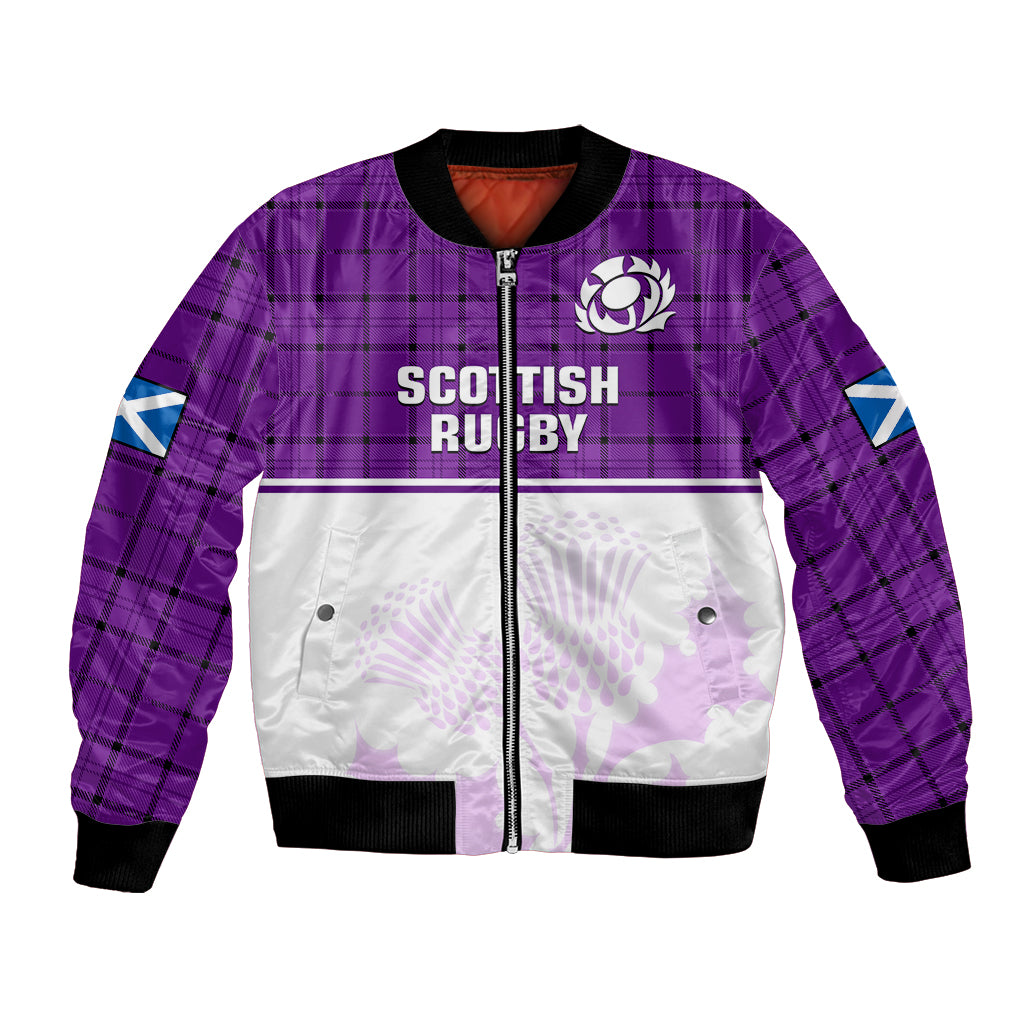Purple plaid bomber jacket with white panel, central zip, and chest crest