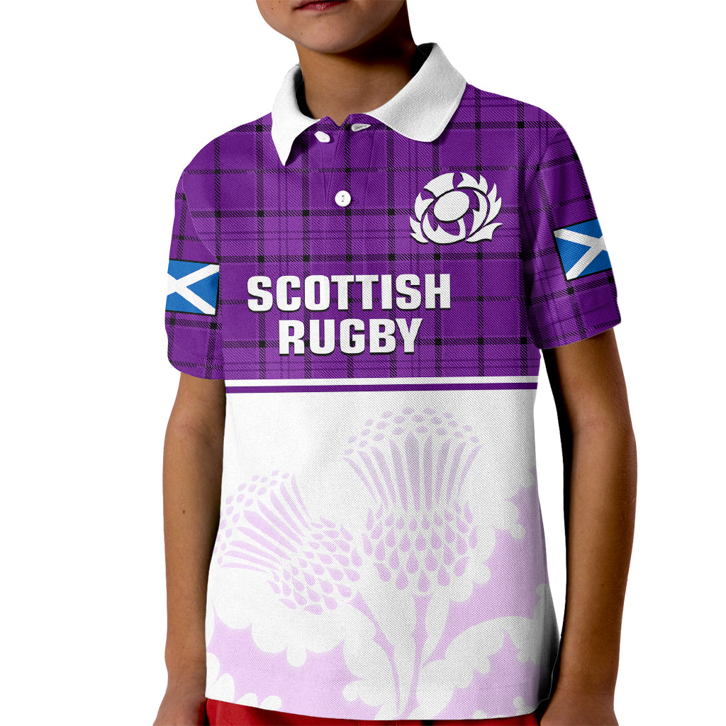 Scotland Rugby Polo Shirt for Kid Thistle Mix Tartan Scottish Map Sporty Version Purple - Wonder Print Shop