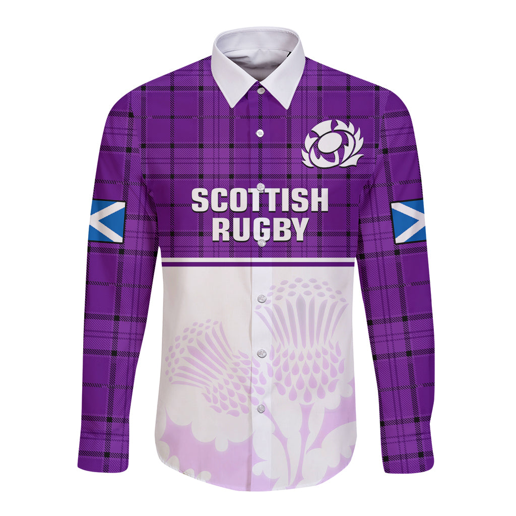 Purple long sleeve button shirt with tartan pattern, Scottish badge, and panel graphics