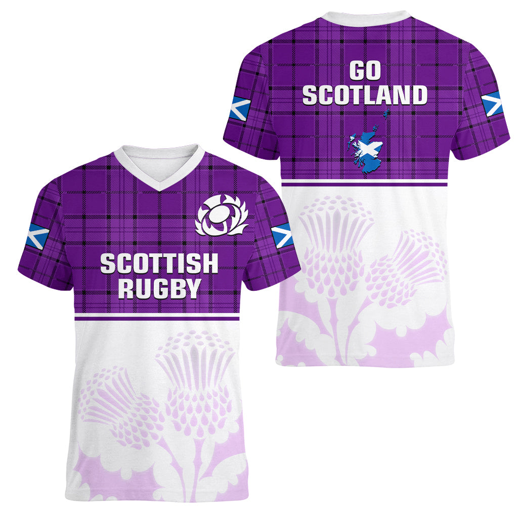 scotland-rugby-women-v-neck-t-shirt-thistle-mix-tartan-scottish-map-sporty-version-purple