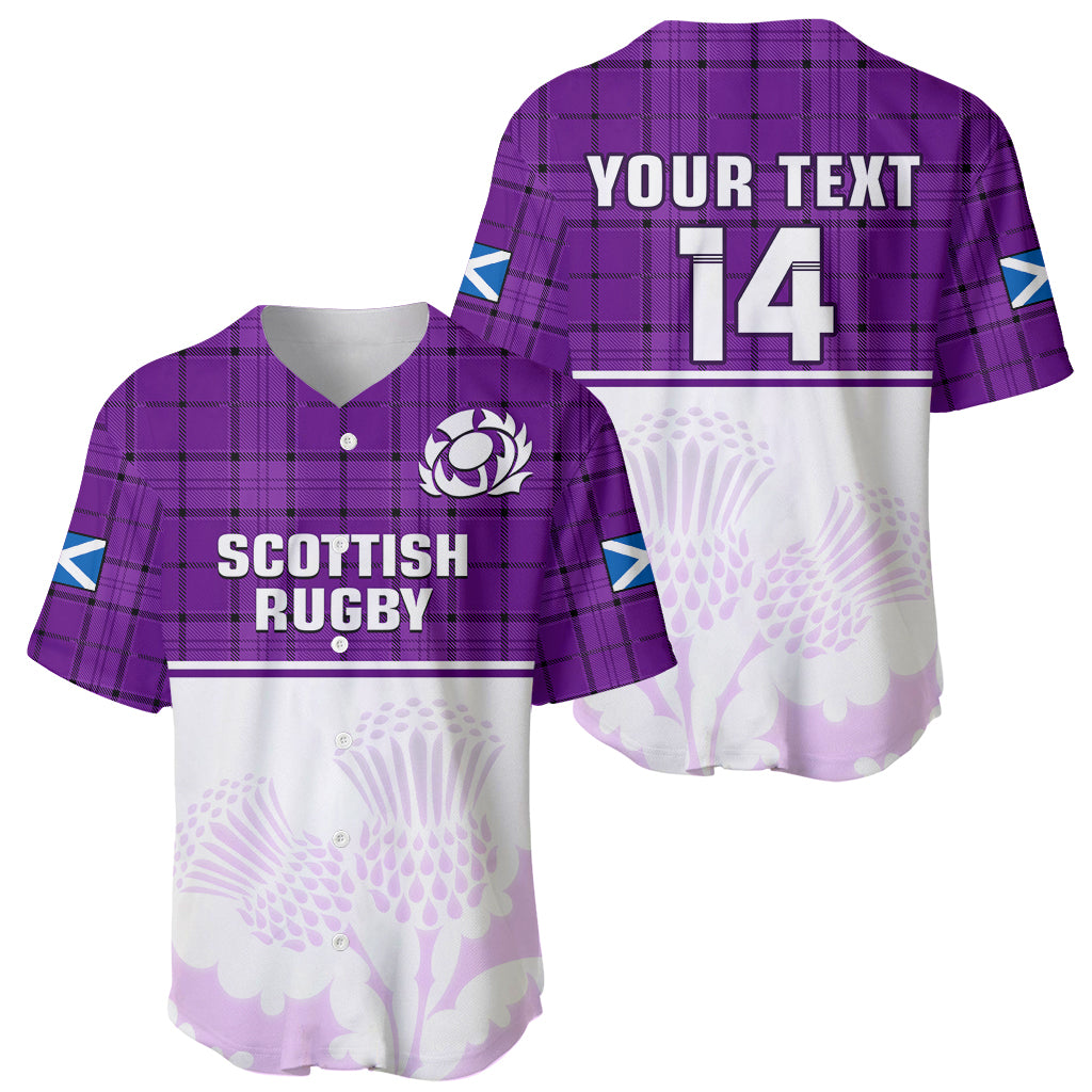 (Custom Text And Number) Scotland Rugby Baseball Jersey Thistle Mix Tartan Scottish Map Sporty Version Purple - Wonder Print Shop