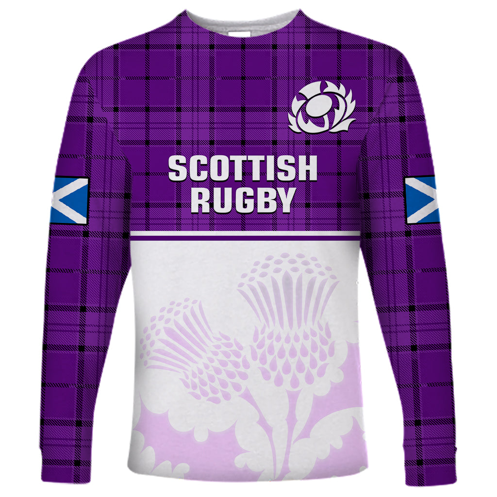 (Custom Text And Number) Scotland Rugby Long Sleeve Shirt Thistle Mix Tartan Scottish Map Sporty Version Purple - Wonder Print Shop