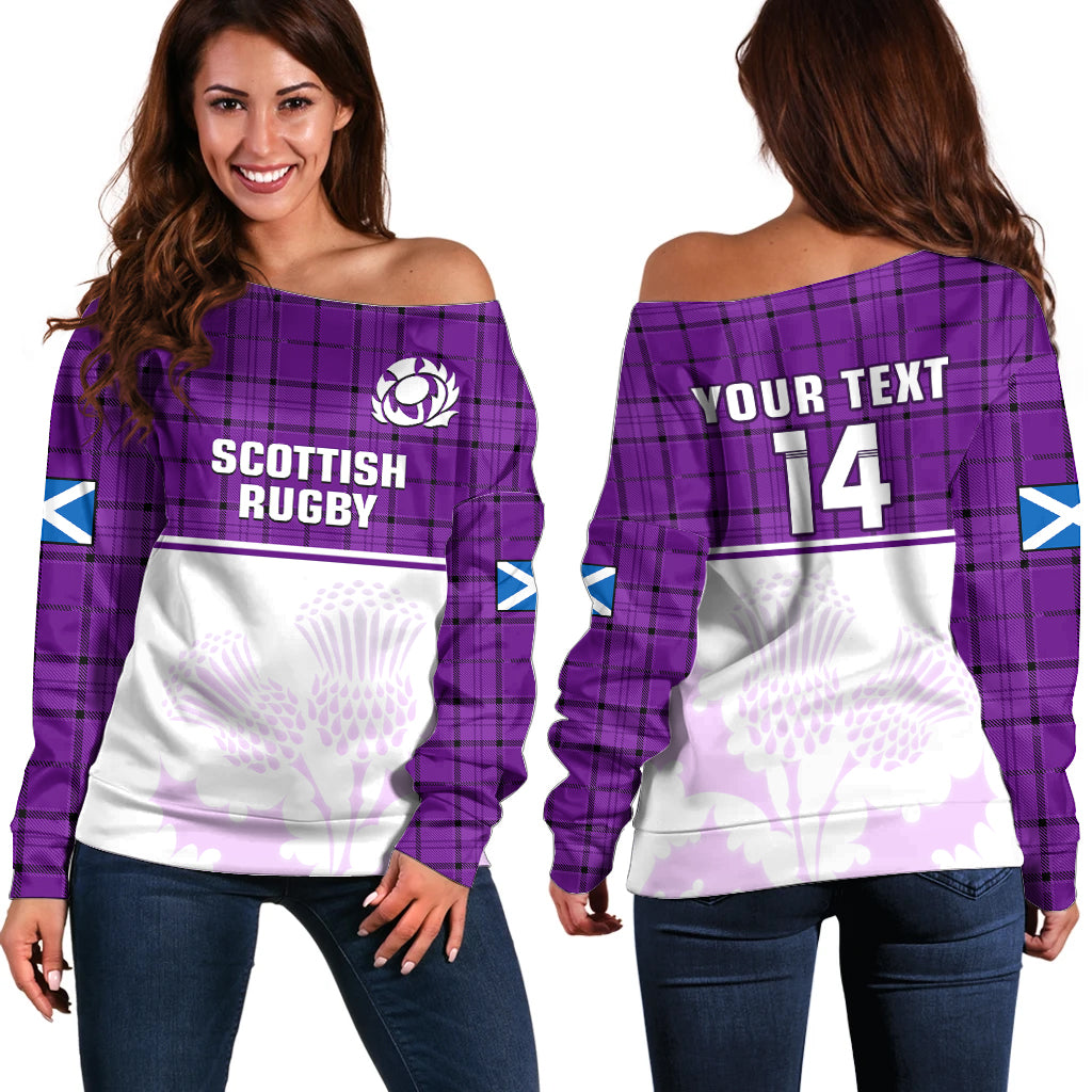 (Custom Text And Number) Scotland Rugby Off Shoulder Sweater Thistle Mix Tartan Scottish Map Sporty Version Purple - Wonder Print Shop