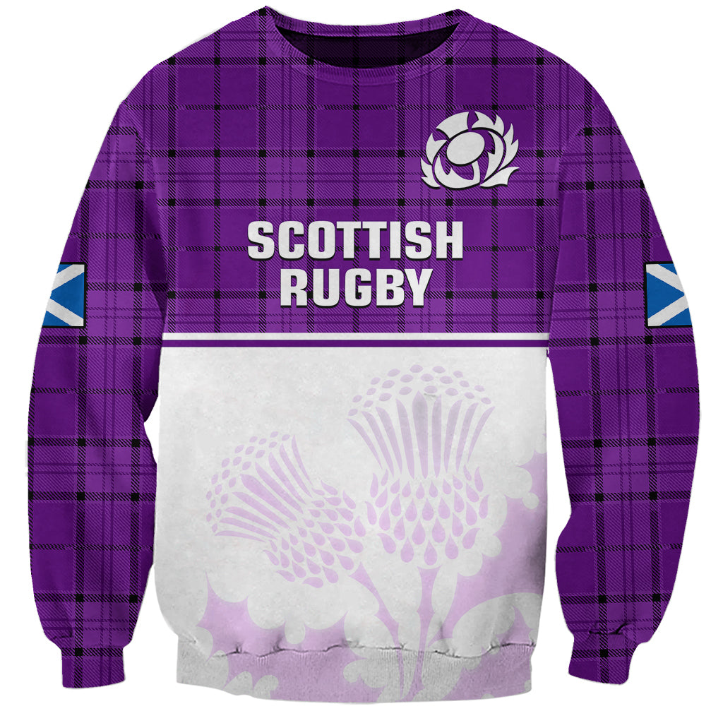 Purple plaid rugby sweatshirt with thistle logo and Scottish Rugby print