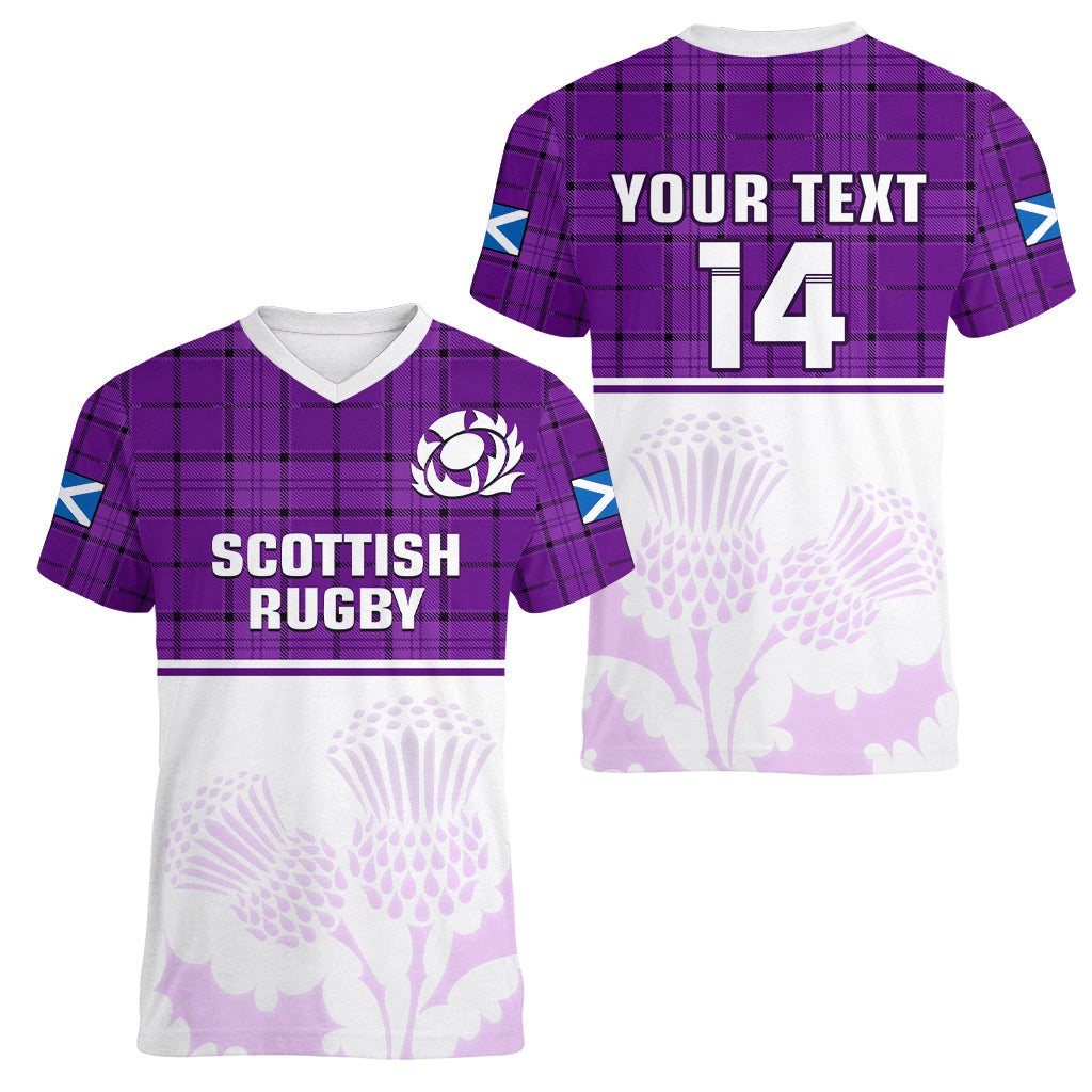 custom-text-and-number-scotland-rugby-women-v-neck-t-shirt-thistle-mix-tartan-scottish-map-sporty-version-purple