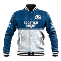 Blue plaid baseball jacket with striped collar and SCOTTISH RUGBY chest graphic