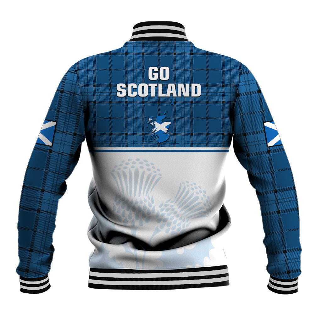 Blue plaid baseball jacket with striped cuffs and GO SCOTLAND back graphic