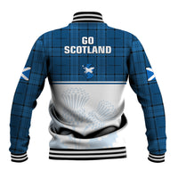 Blue plaid baseball jacket with striped cuffs and GO SCOTLAND back graphic