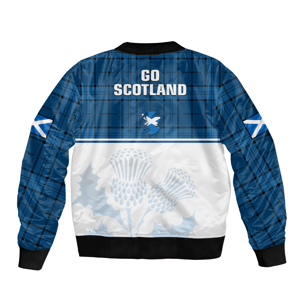 Blue tartan bomber jacket with white back panel, printed Scotland map, ribbed hem and cuffs