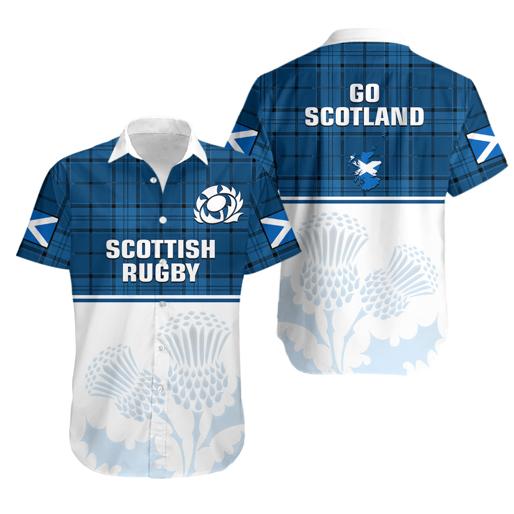 Scotland Rugby Hawaiian Shirt Thistle Mix Tartan Scottish Map Sporty Version Blue - Wonder Print Shop