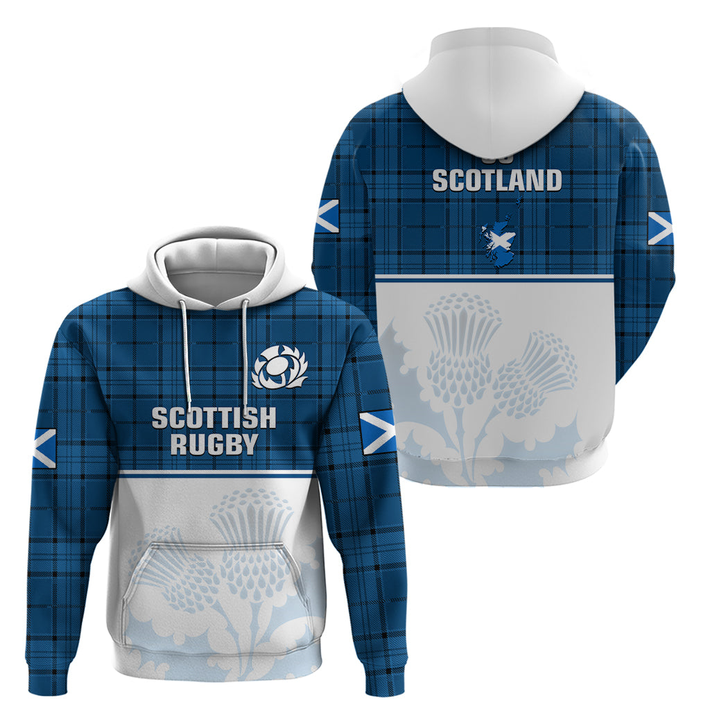 Scotland Rugby Hoodie Thistle Mix Tartan Scottish Map Sporty Version Blue - Wonder Print Shop