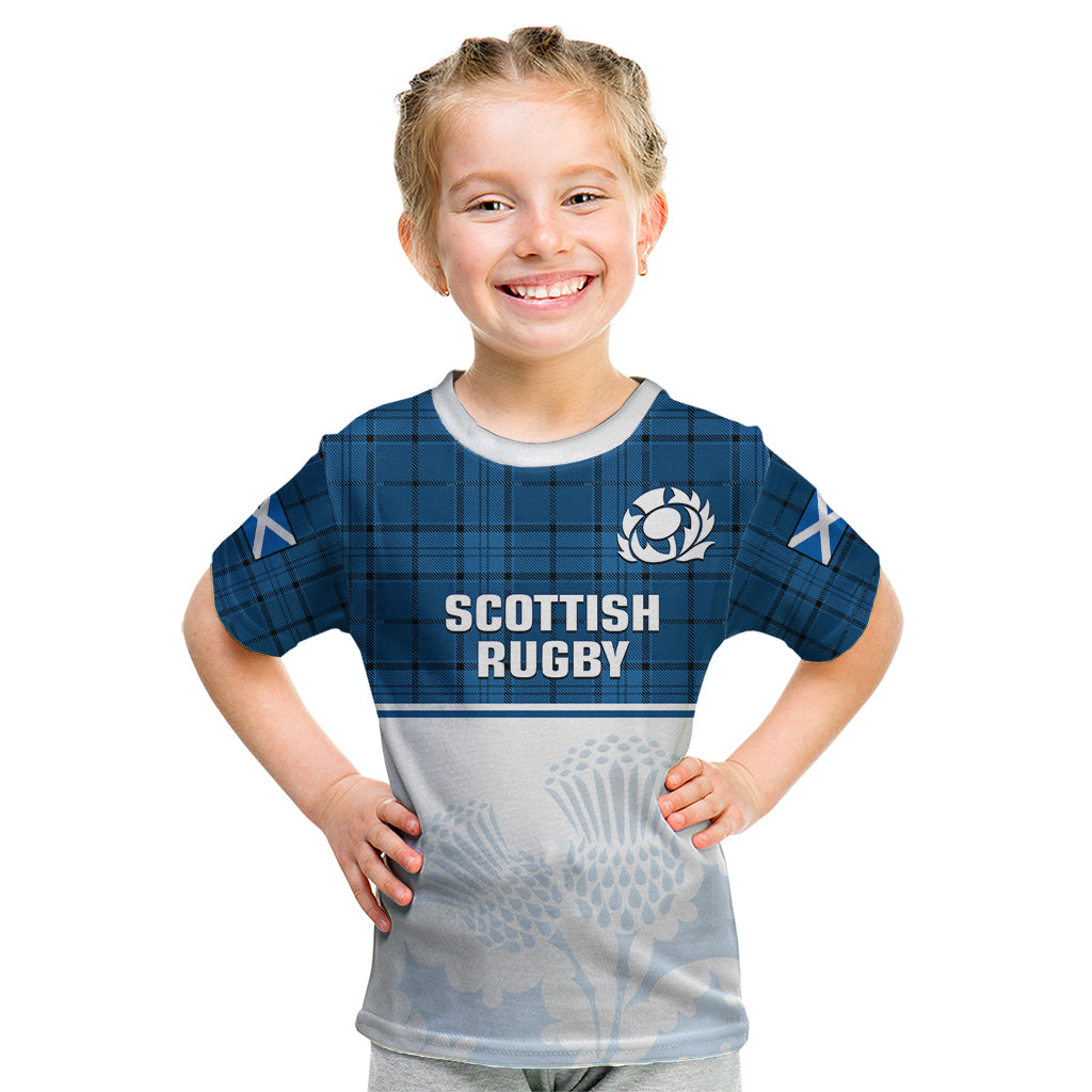 Scotland Rugby Kid T Shirt Thistle Mix Tartan Scottish Map Sporty Version Blue - Wonder Print Shop