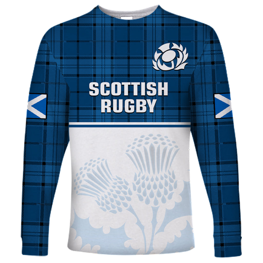 Scotland Rugby Long Sleeve Shirt Thistle Mix Tartan Scottish Map Sporty Version Blue - Wonder Print Shop