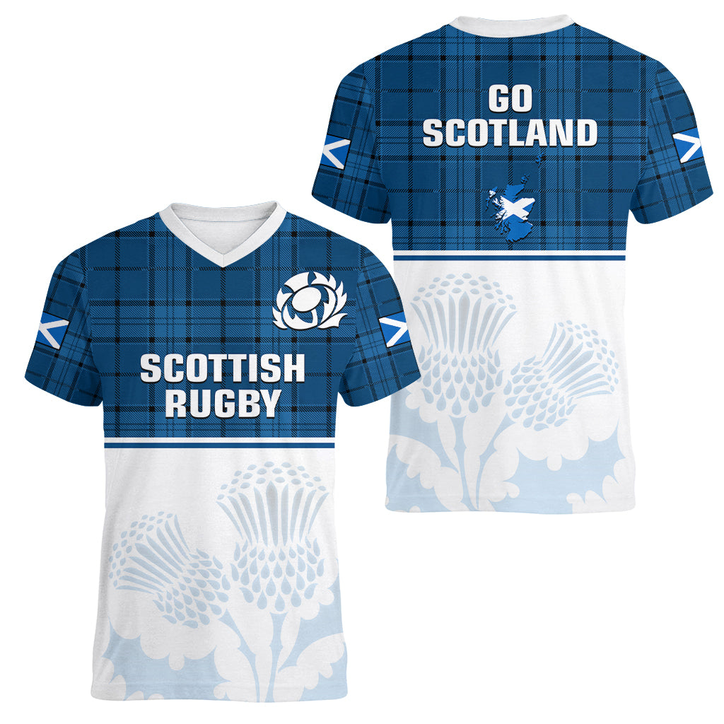 scotland-rugby-women-v-neck-t-shirt-thistle-mix-tartan-scottish-map-sporty-version-blue