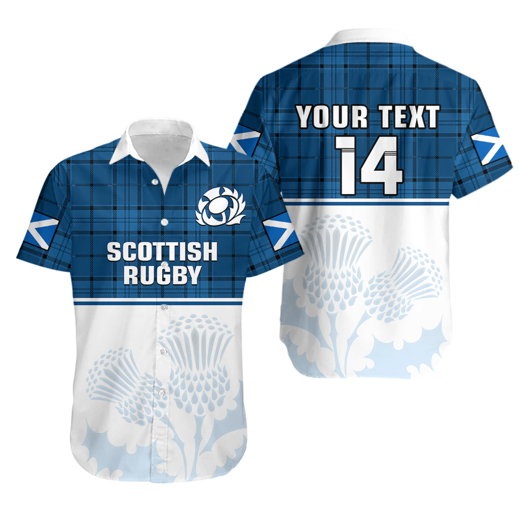 (Custom Text And Number) Scotland Rugby Hawaiian Shirt Thistle Mix Tartan Scottish Map Sporty Version Blue - Wonder Print Shop