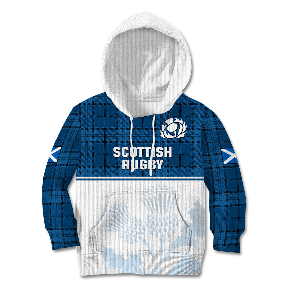 (Custom Text And Number) Scotland Rugby Kid Hoodie Thistle Mix Tartan Scottish Map Sporty Version Blue - Wonder Print Shop