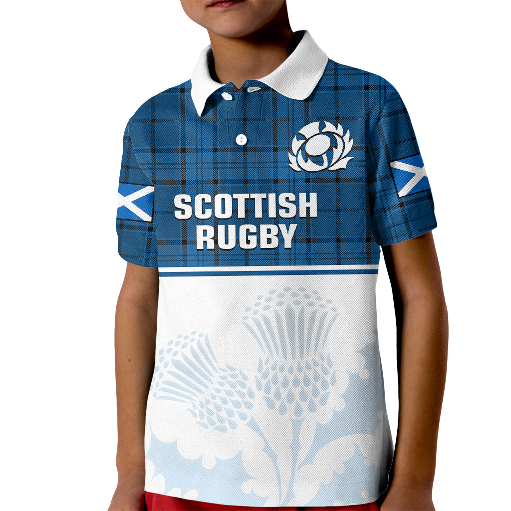 (Custom Text And Number) Scotland Rugby Polo Shirt for Kid Thistle Mix Tartan Scottish Map Sporty Version Blue - Wonder Print Shop