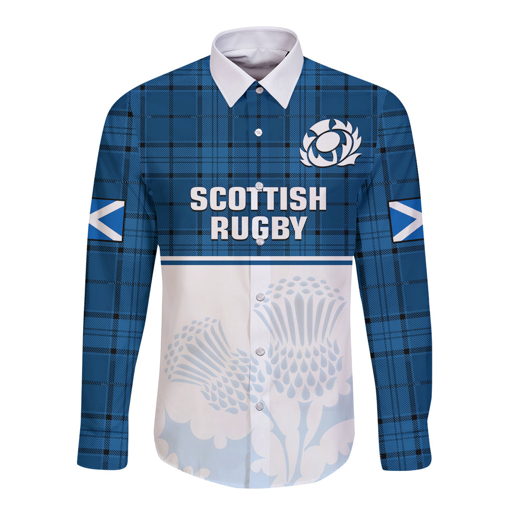 Blue plaid long sleeve rugby button shirt with Scottish Rugby print and thistle logo