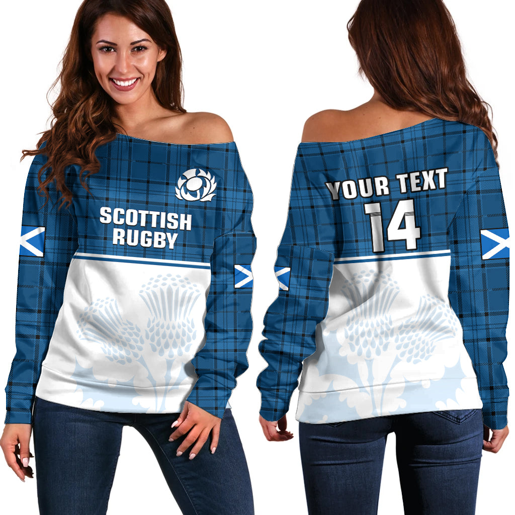 (Custom Text And Number) Scotland Rugby Off Shoulder Sweater Thistle Mix Tartan Scottish Map Sporty Version Blue - Wonder Print Shop