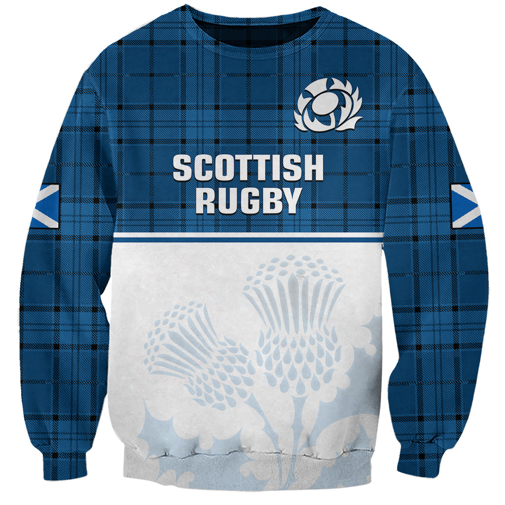 Blue plaid rugby sweatshirt with Scottish Rugby text and thistle graphic on front