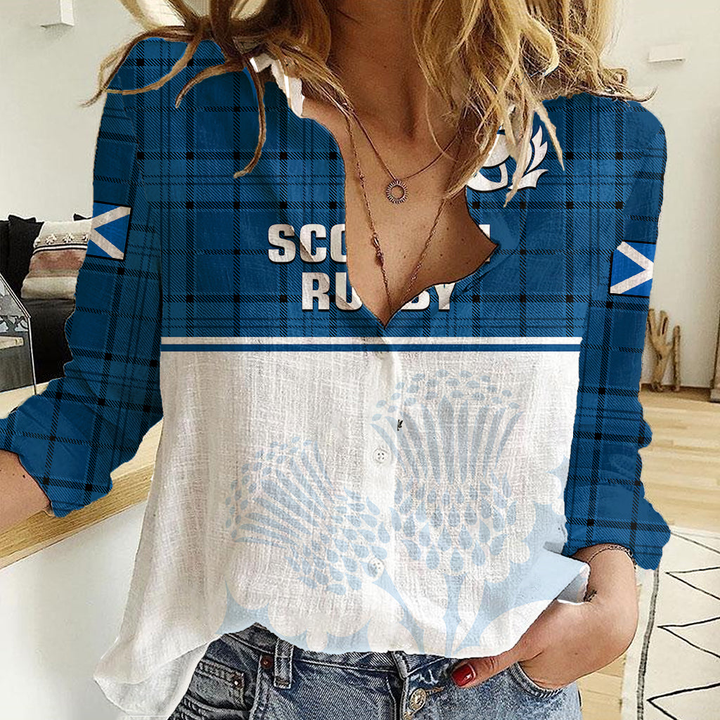 custom-text-and-number-scotland-rugby-women-casual-shirt-thistle-mix-tartan-scottish-map-sporty-version-blue