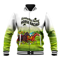 White baseball jacket with green gradient, striped collar, and Kentucky Derby Horse Racing graphic