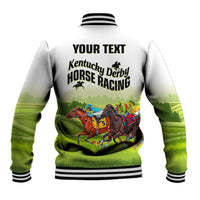 White baseball jacket with green gradient, striped collar, and YOUR TEXT Horse Racing graphic