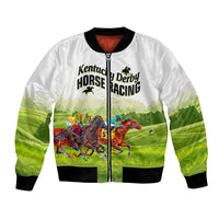 White bomber jacket with green horse-racing scene, front zipper, black ribbed collar