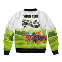 White bomber jacket back with 'YOUR TEXT' and horse-racing graphic, black ribbed hem