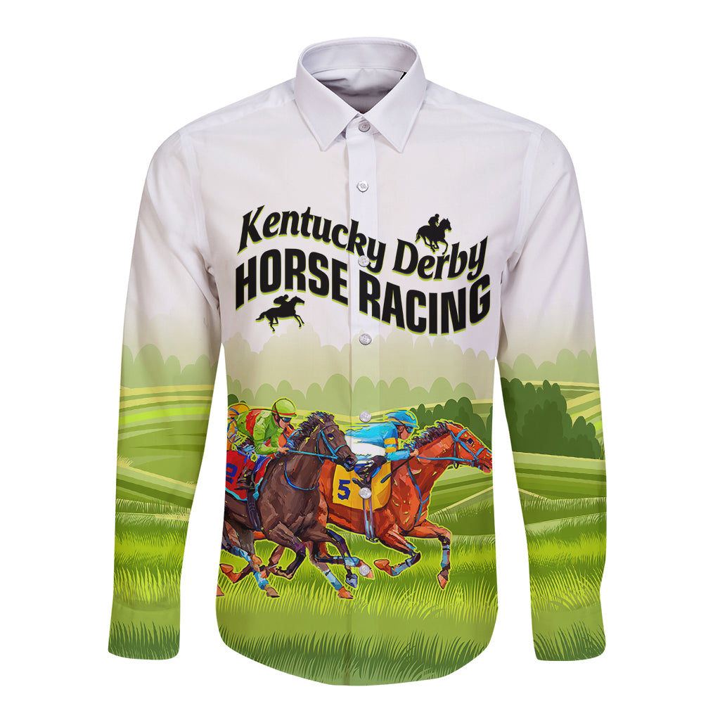 White long-sleeve button-up shirt with Kentucky Derby horse racing graphic on front