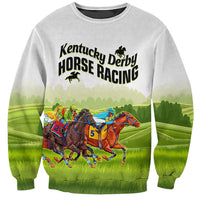 White sweatshirt with Kentucky Derby horse racing front graphic and colorful horse riders