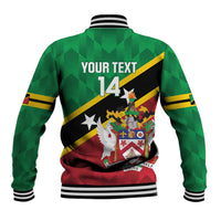 Green back baseball jacket with ribbed collar, striped sleeves, large crest and '14' print