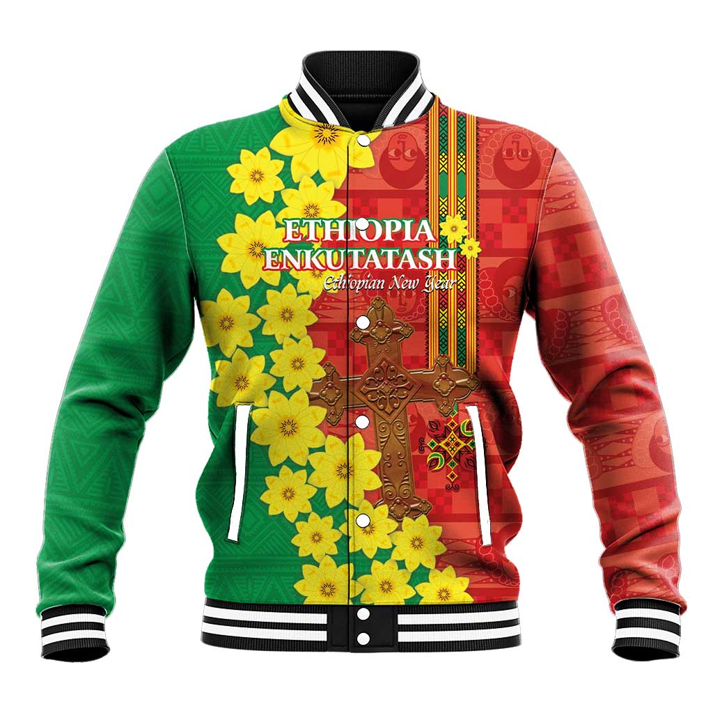 Red and green baseball jacket with yellow floral graphic, button front, striped rib trim