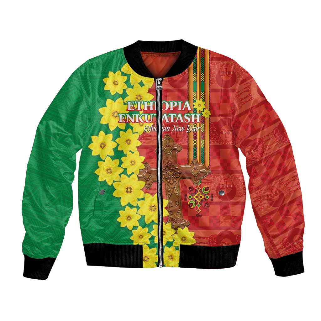 Red/green unisex bomber jacket with yellow flowers, central emblem, front zipper