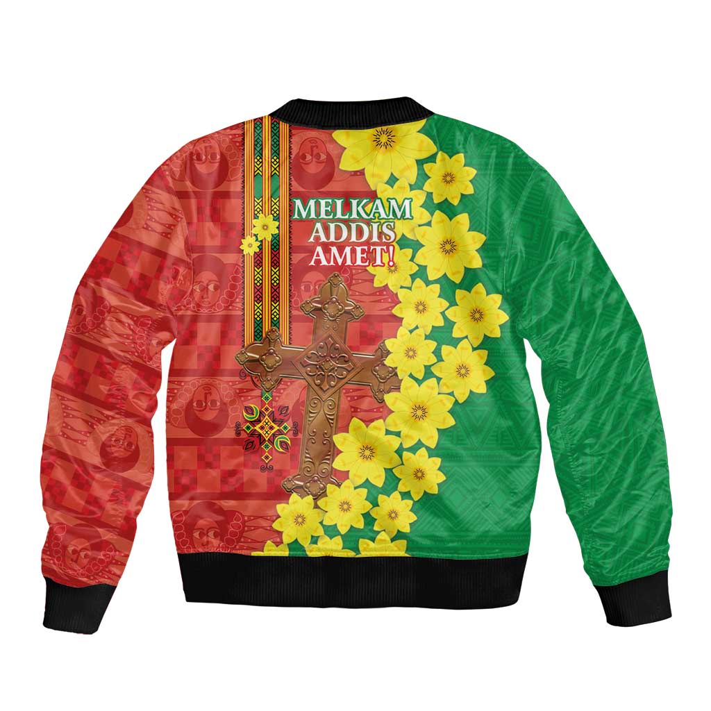 Red/green unisex bomber jacket with yellow flower graphics and front zipper