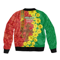 Red/green unisex bomber jacket with yellow flower graphics and front zipper