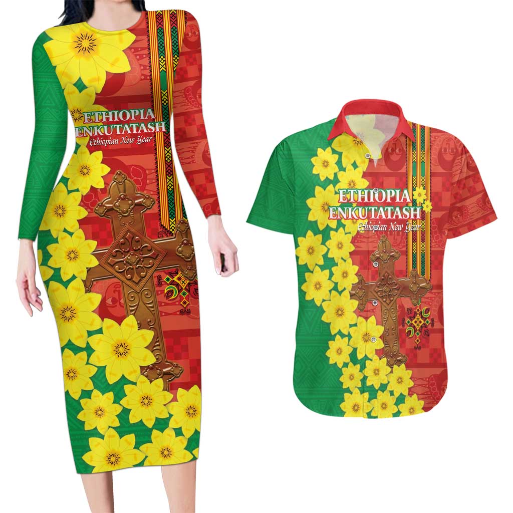 Enkutatash Ethiopia Couples Matching Long Sleeve Bodycon Dress and Hawaiian Shirt Melkam Addis Amet Adey Abeba Flower