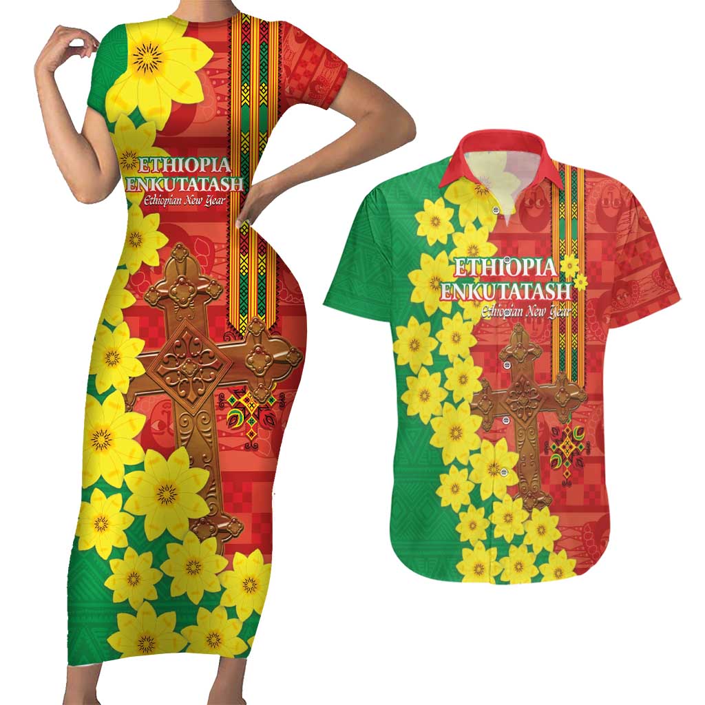 Enkutatash Ethiopia Couples Matching Short Sleeve Bodycon Dress and Hawaiian Shirt Melkam Addis Amet Adey Abeba Flower