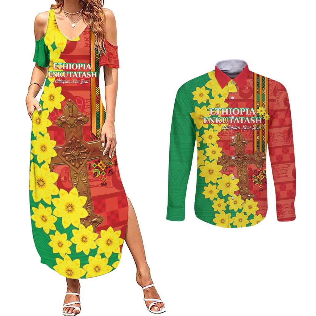 Enkutatash Ethiopia Couples Matching Summer Maxi Dress and Long Sleeve Button Shirt Melkam Addis Amet Adey Abeba Flower