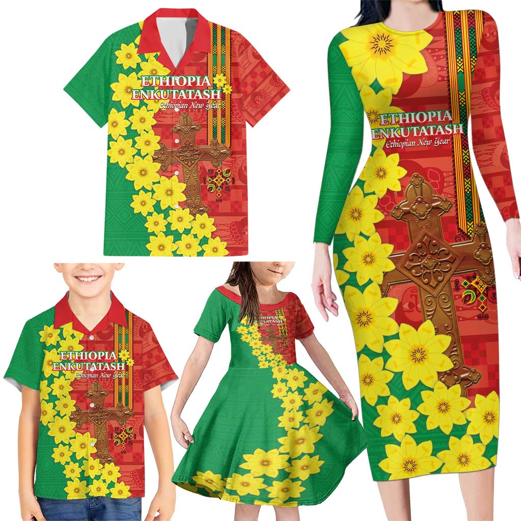 Enkutatash Ethiopia Family Matching Long Sleeve Bodycon Dress and Hawaiian Shirt Melkam Addis Amet Adey Abeba Flower - Wonder Print Shop